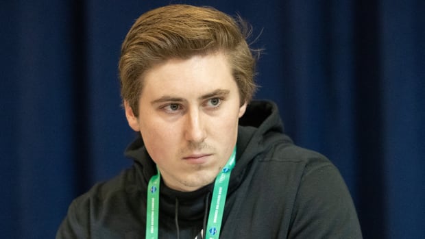 Mar 2, 2024; Indianapolis, IN, USA; Alabama place kicker Will Reichard (PK05) talks to the media during the 2024 NFL Combine at Lucas Oil Stadium. Mandatory Credit: Trevor Ruszkowski-USA TODAY Sports